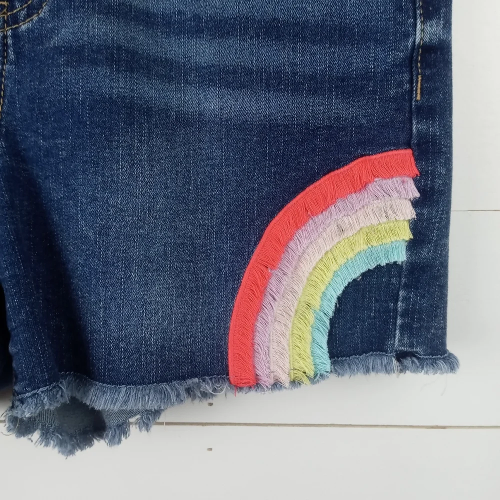 Cat & Jack girls size 14-16 dark wash denim jean shorts with fringe rainbow